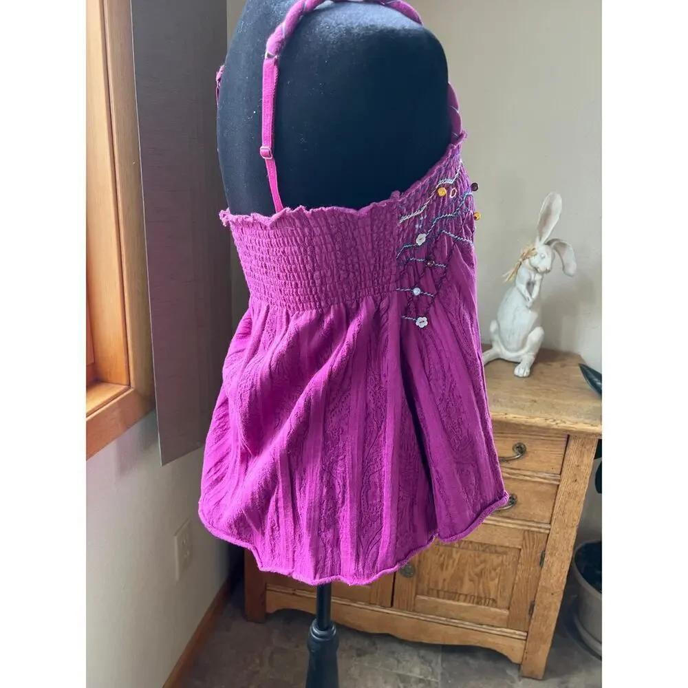 Free People magenta elastic strap top with bead detail, women's size S